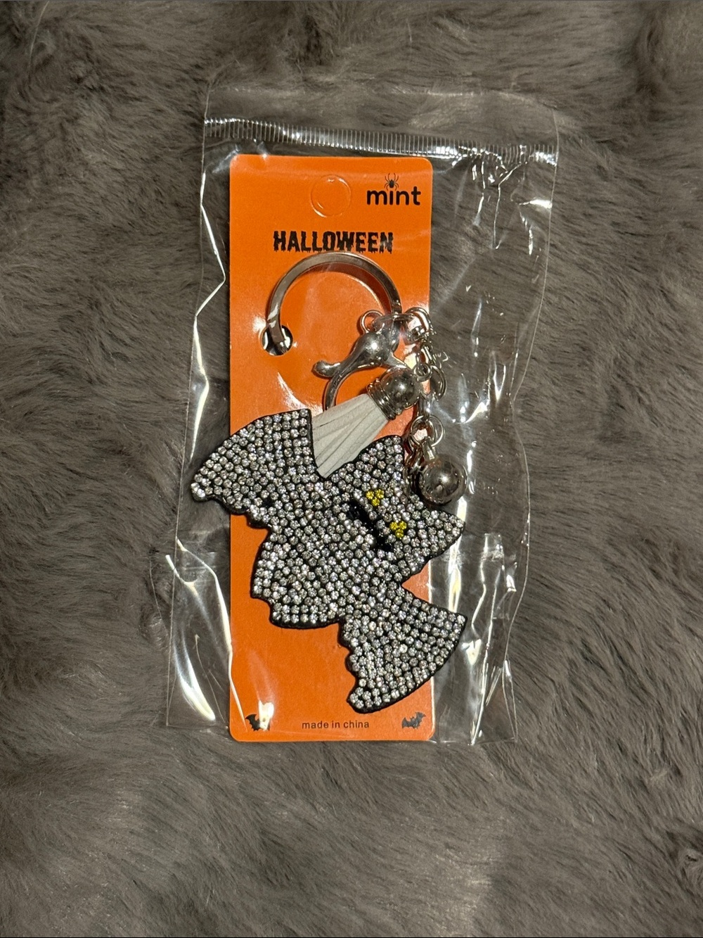 Mint Halloween Rhinestone Ghost Keychain - Silver, Black, Yellow